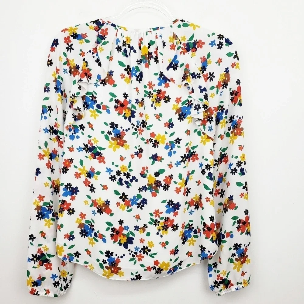 Kate Spade Ivory Sailing‎ Floral Ruffle Blouse Top White Floral Print